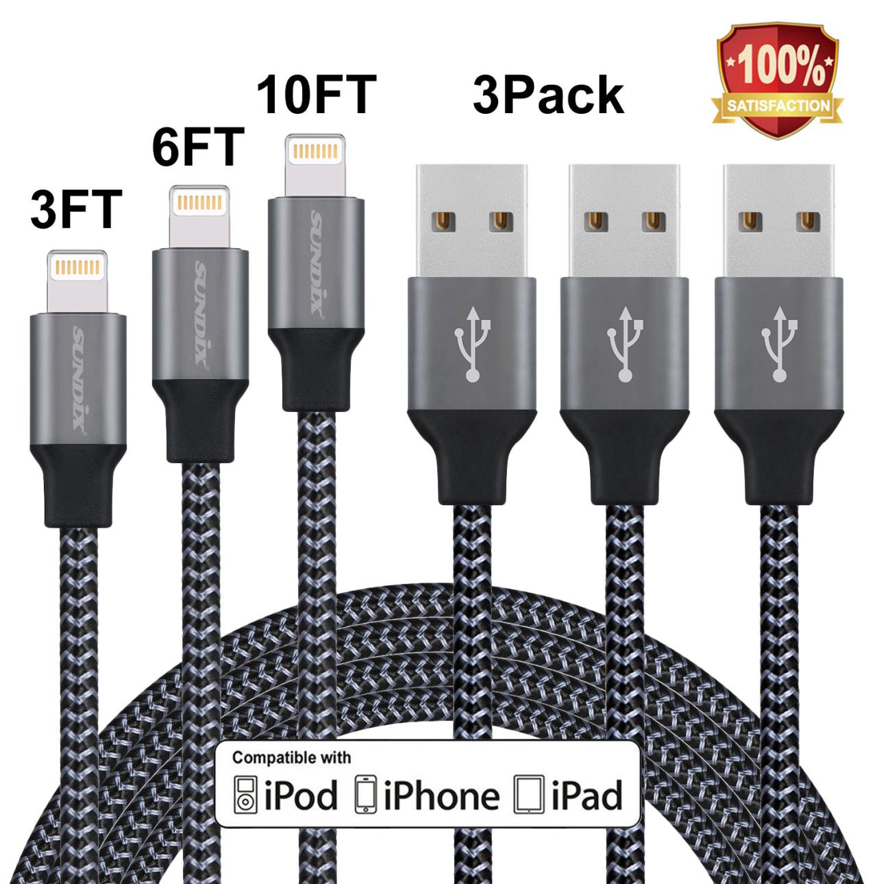 IDiSON 4Pack iPhone Lightning Cable Apple MFi Certified Braided Nylon Fast Charger Cable Compatible iPhone Max XS XR 8 Plus 7 Plus 6s 5s 5c Air iPad Mini iPod Silver White 3ft 6ft 6ft 10ft 